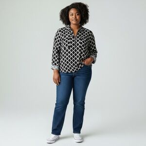 Nygard Black and White Diamond Patterned Top, LS with Tabs, Zipper Front, XL